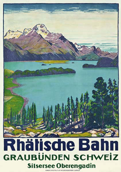 Poster advertising travel to Graubunden by the Swiss company 'Rhaetian Railway' à Emil Cardinaux