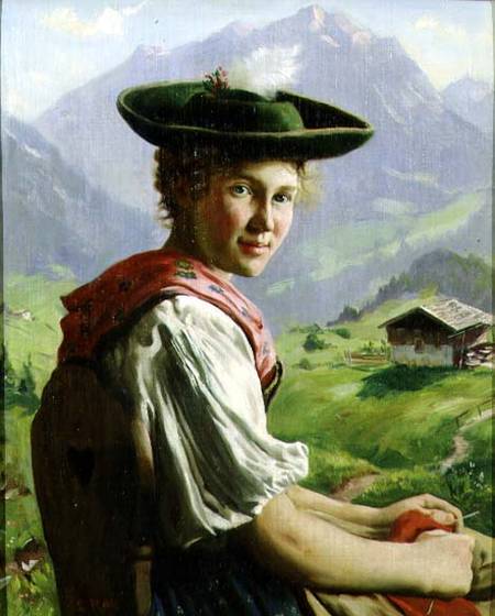 Girl with a Hat in Mountain Landscape à Emil Karl Rau