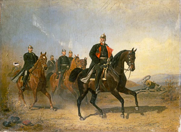 Empereur Guillaume I  de Prusse à cheval avec Bismarck et Moltke à Emil Volkers