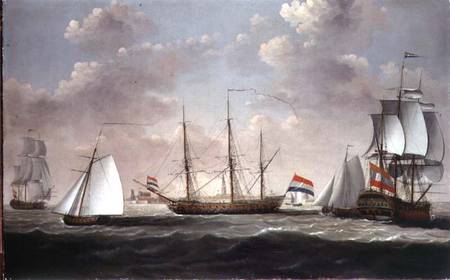 The East Indiaman 't Slot ter Hooge' and other shipping in a brisk breeze off a Dutch port, possibly à Engel Hoogerheyden