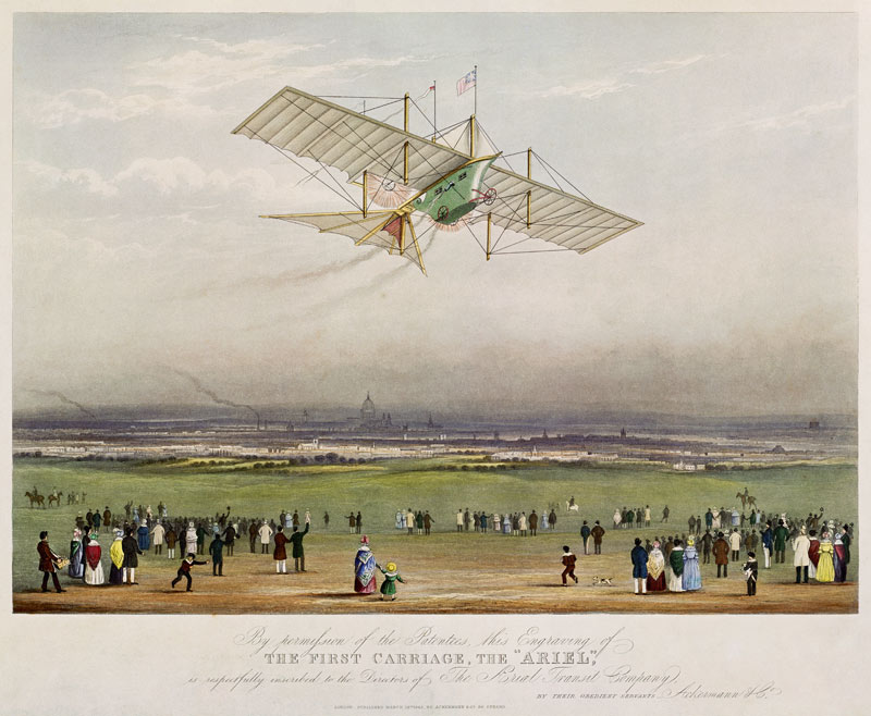 The Flying Machine, the ''Ariel'', from designs prepared by W.S. Henson in 1842, published by Ackerm à École anglaise de peinture