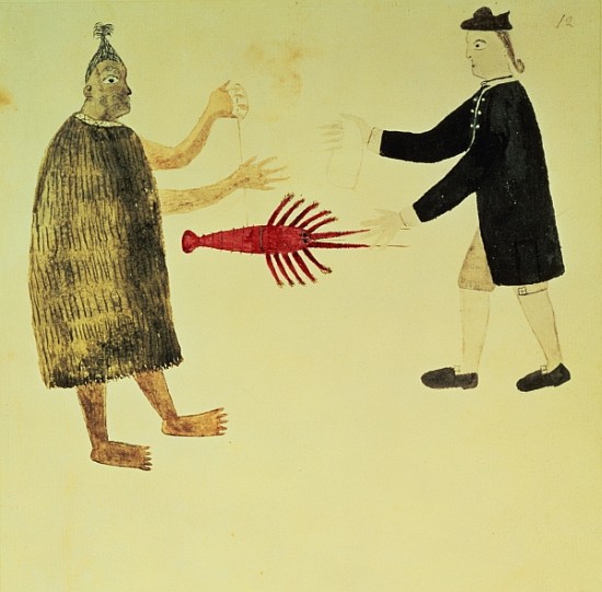 A Maori bartering a crayfish with an English naval officer, from a series of drawings illustrative o à École anglaise de peinture