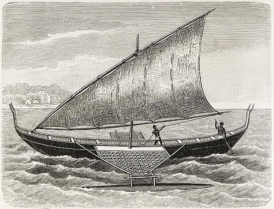 Boat of the Mortlock Islands, with outrigger and sail of rush-matting, from ''The History of Mankind à École anglaise de peinture