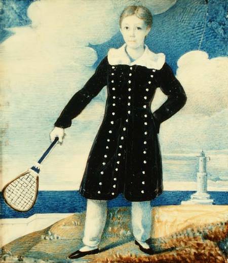 Boy with Badminton Racket (w/c on card) à École anglaise de peinture