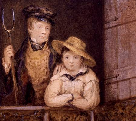 Two Boys at a Barn Door à École anglaise de peinture