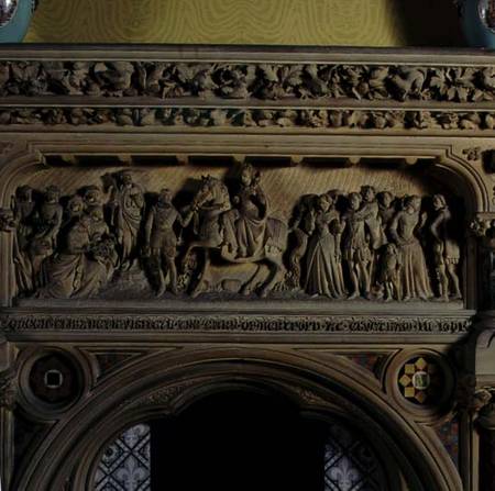 Carved fireplace in the drawing room, depicting Elizabeth I being greeted by the Earl of Hereford in à École anglaise de peinture