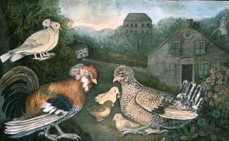 Chicken and Doves near a Farm (w/c à École anglaise de peinture