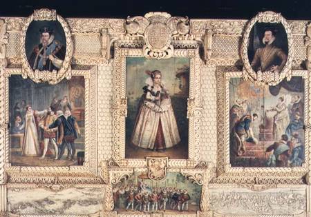 Collection of six miniatures depicting Queen Elizabeth I, figures and scenes from her life à École anglaise de peinture
