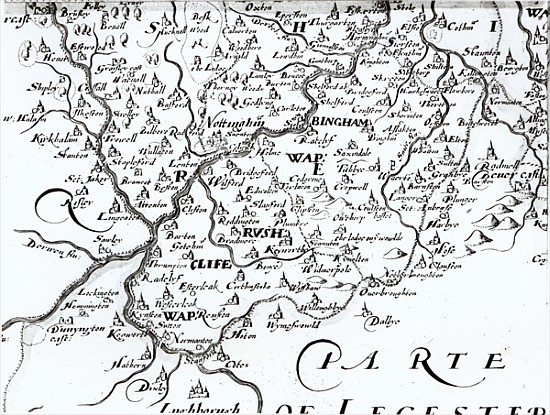 Detail of a map of the county of Nottinghamshire showing the town of Nottingham à École anglaise de peinture