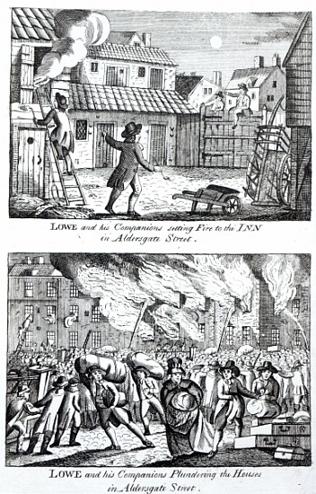 Edward Lowe and his companions setting fire to the inn on Aldersgate Street and plundering the house à École anglaise de peinture