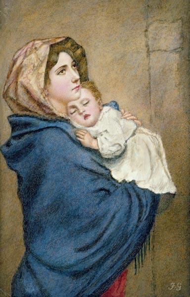 Mother and Child (w/c on ivorine) à École anglaise de peinture