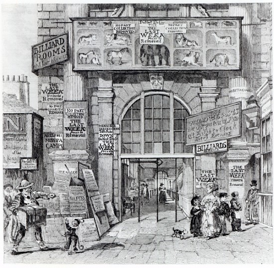 Exeter Change showing the entrance to Edward Cross''s Royal Grand National Menagerie, c.1829 à École anglaise de peinture