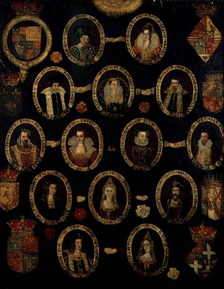 Genealogical chart tracing the Tudor roots of Mary Stuart, Queen of Scots (1542-87) and her son Jame à École anglaise de peinture