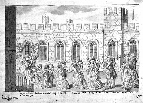 King George III and Queen Charlotte walking in procession with their fourteen children, 1781 (pen &  à École anglaise de peinture