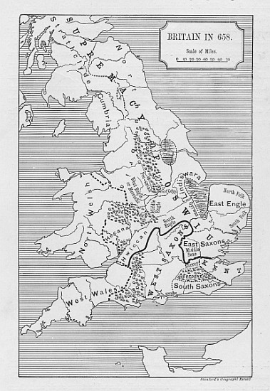 Map of Britain in 658, produced by Stanford''s Geographical Establishment à École anglaise de peinture