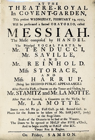Playbill advertising a performance of Handel''s Oratorio, ''Messiah'' in 1777 à École anglaise de peinture