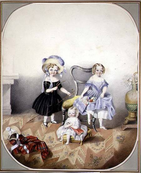 Portrait of Three Blue-Eyed Girls in Fancy Dress à École anglaise de peinture