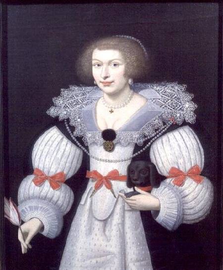 Portrait of a lady holding a dog and a tulip à École anglaise de peinture