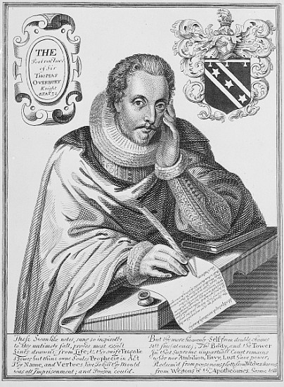 Portrait of Sir Thomas Overbury (1581-1613) writing out his epitaph; engraved by Renold Elstrack (15 à École anglaise de peinture