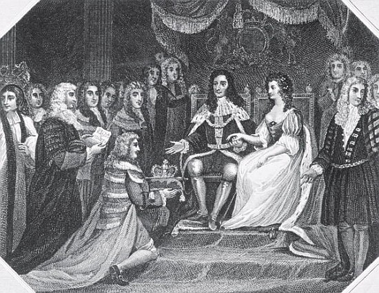 Presentation of the Bill of Rights to William III (1650-1702) of Orange and Mary II (1662-94) à École anglaise de peinture