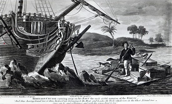 Robinson Crusoe carrying away on his raft the most useful remains of the wreck à École anglaise de peinture