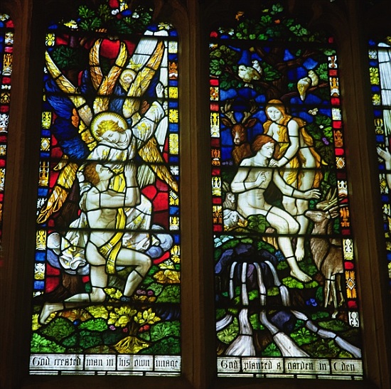 Stained glass windows depicting (LtoR) The Annunciation and Adam and Eve in the Garden of Eden à École anglaise de peinture