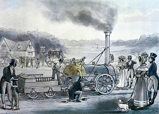 Stephenson''s ''Northumbrian'', the first locomotive to be built with an integral firebox à École anglaise de peinture