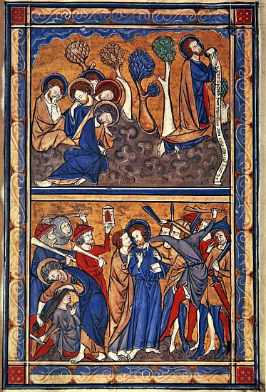 The Agony in the Garden and the Betrayal of Christ, leaf from a psalter, c.1270 (tempera, ink & gold à École anglaise de peinture