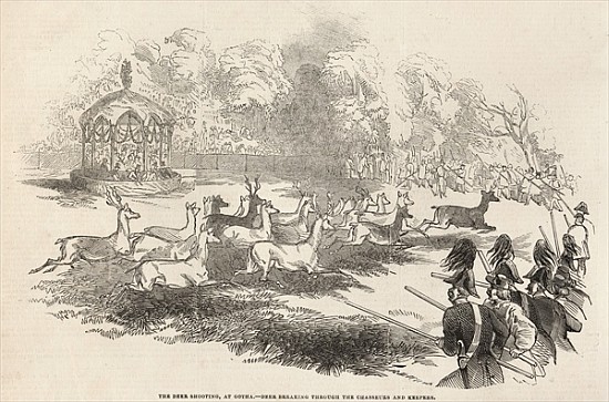 The Deer Shooting at Gotha: Deer breaking through the Chasseurs and Keepers, from ''The Illustrated  à École anglaise de peinture