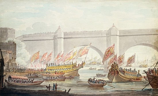 The Lord Mayor landing at Westminster, with a View of the Bridge à École anglaise de peinture