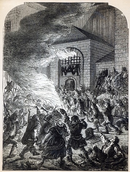 The ''No Popery'' rioters burning the prison of Newgate in 1780 à École anglaise de peinture