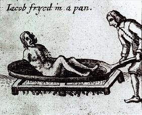Jacob Fryed in a Pan, illustration from ''General Martyrology'' by Samuel Clarke (1599-1682) publish