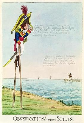 Observations Upon Stilts, caricature of Napoleon standing on stilts observing Pitt and England acros