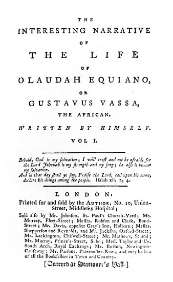Title page to ''The Interesting Narrative of the Life of Olaudah Equiano, or Gustavus Vassa, the Afr à École anglaise de peinture