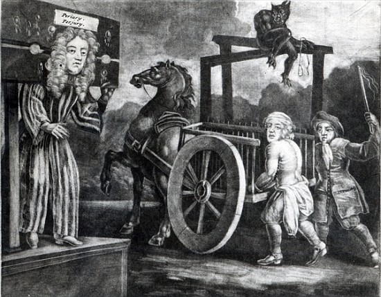 Titus Oates on the third day of his punishment in 1685, when he was stripped, tied to a cart and whi à École anglaise de peinture