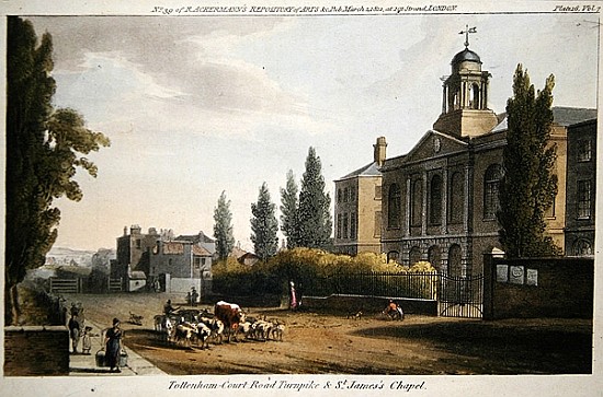 Tottenham Court Road Turnpike and St. James''s Chapel, from ''Ackerman''s Repository of Arts'' publi à École anglaise de peinture