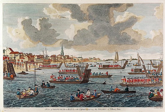 View of Gravesend with troops crossing the Thames to Tilbury Fort à École anglaise de peinture