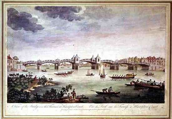 View of the Bridge over the Thames at Hampton Court; engraved by John Bowles (fl. 1724-56) à École anglaise de peinture