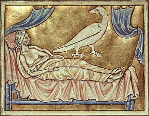 Roy 12 C XIX f.47v Caladrius bird, reputed to foretell the fate of a sick man, above a man in bed, f à Ecole anglaise, (13ème siècle)