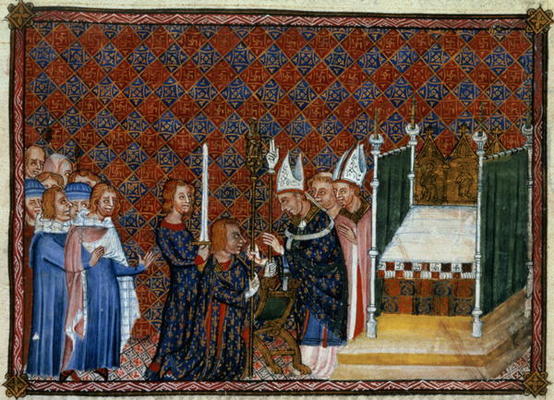 Ms Tiberius B Viii f.58 Coronation of the King and Queen of France, 1365 (vellum) à Ecole anglaise, (14ème siècle)