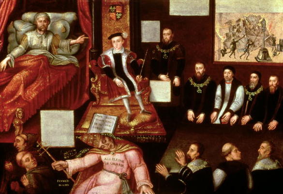 King Edward VI (1537-53) and the Pope, c.1570 (oil on panel) à Ecole anglaise, (16ème siècle)