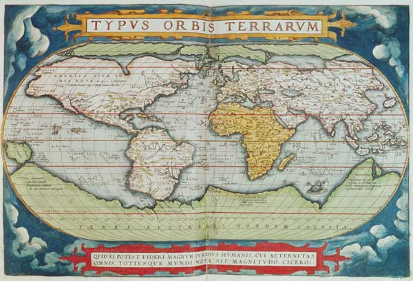 Map charting Sir Francis Drake's (c.1540-96) circumnavigation of the globe, engraved by Frans Hogenb à Ecole anglaise, (16ème siècle)