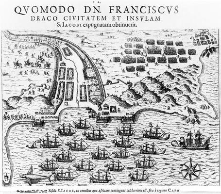 Plan Showing how Francis Drake (c.1540-96) Stormed and Held the Island of San Jacob (engraving) (b/w à Ecole anglaise, (17ème siècle)