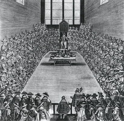 King James I (1566-1625) in the Houses of Parliament, 1624 (engraving) (b/w photo) à Ecole anglaise, (17ème siècle)