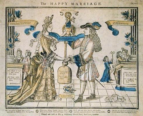 The Happy Marriage (stencil coloured woodcut) à Ecole anglaise, (17ème siècle)