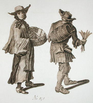 'Buy a new Almanac! Fine writing ink!', illustration of street sellers around 1675 (engraving) à Ecole anglaise, (17ème siècle) (d'après)