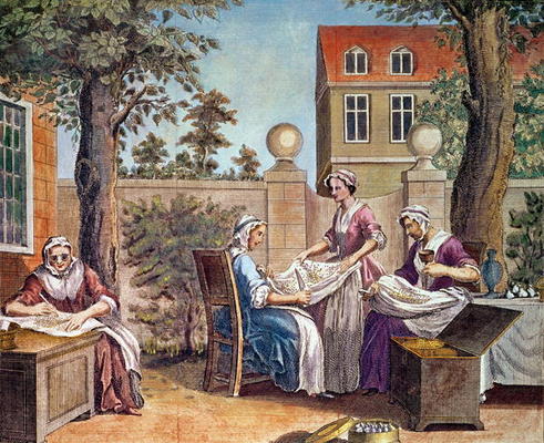 Silk-Making, engraved by J. Hinton for 'Universal Magazine' at the Kings Arms, St. Paul's Churchyard à Ecole anglaise, (18ème siècle)