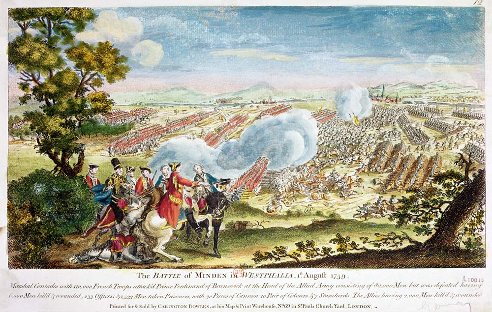 The Battle of Minden in Westphalia in 1759 (colour litho) à Ecole anglaise, (18ème siècle)