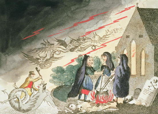 Three Witches in a Graveyard, c.1790s (coloured engraving) à Ecole anglaise, (18ème siècle)