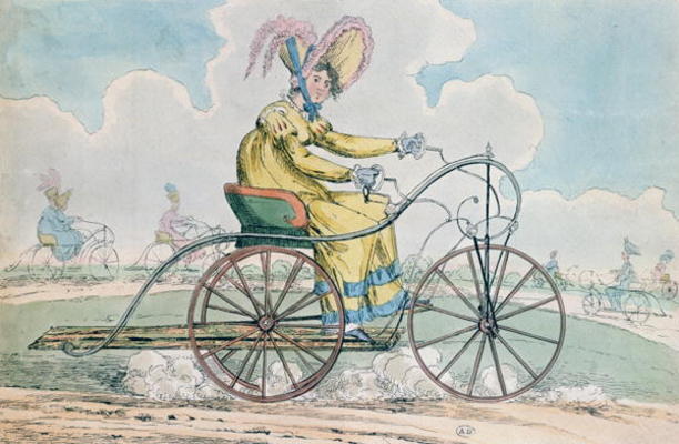 Bicycle with three wheels, the Ladies' hobby, 1819 (colour litho) à Ecole anglaise, (19ème siècle)